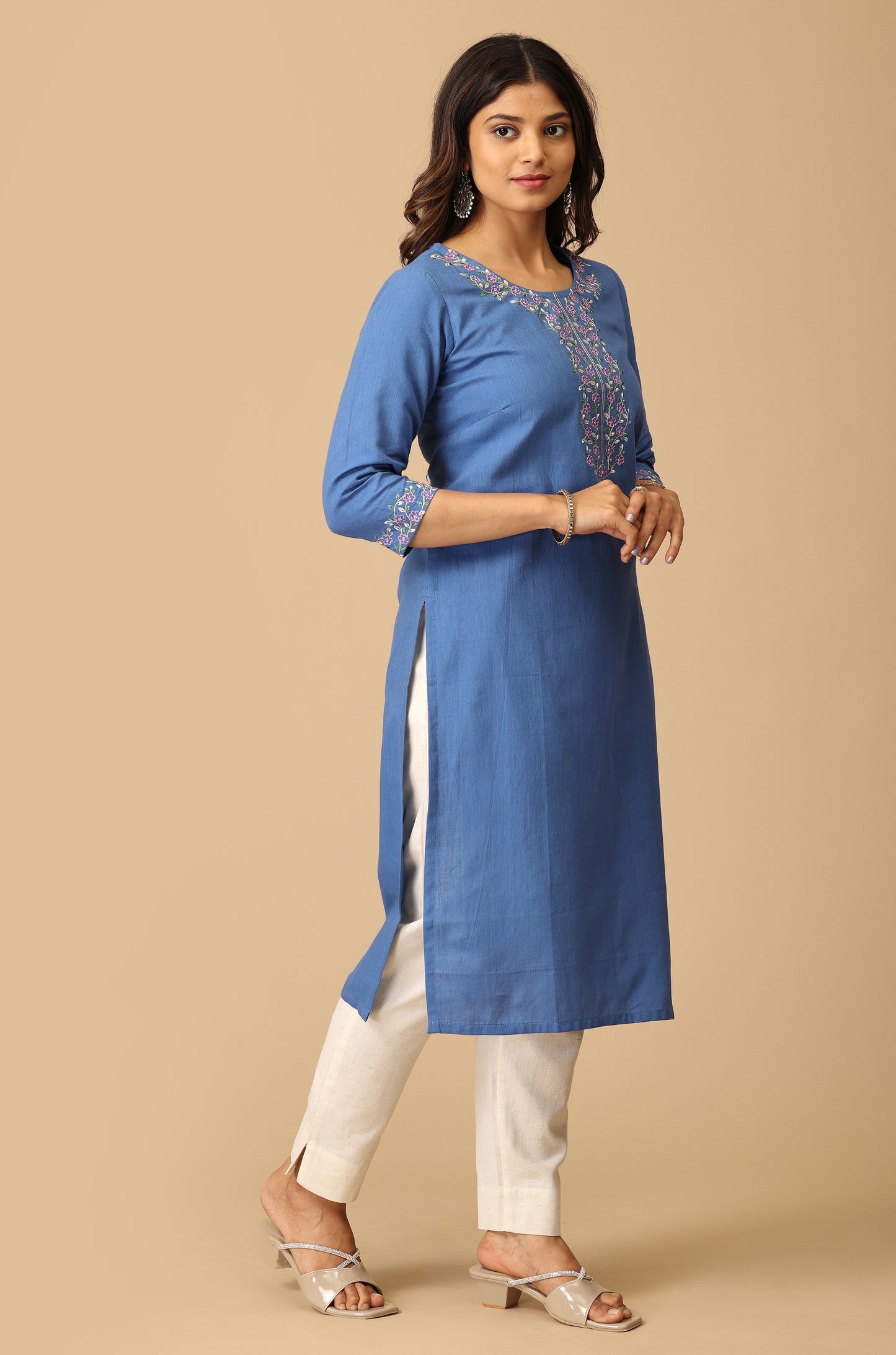 Blue Khadi Straight Embroidery Kurti