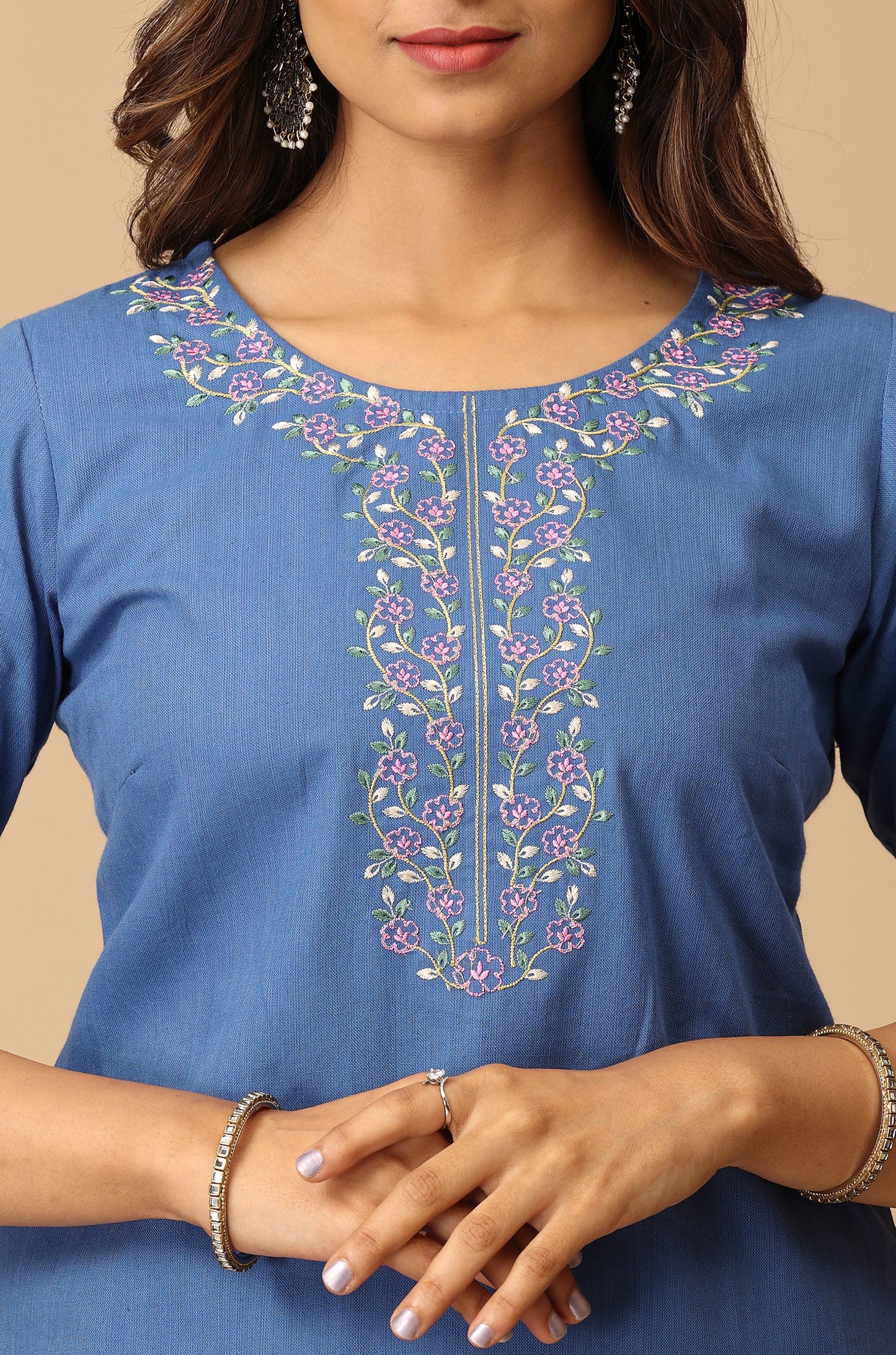 Blue Khadi Straight Embroidery Kurti