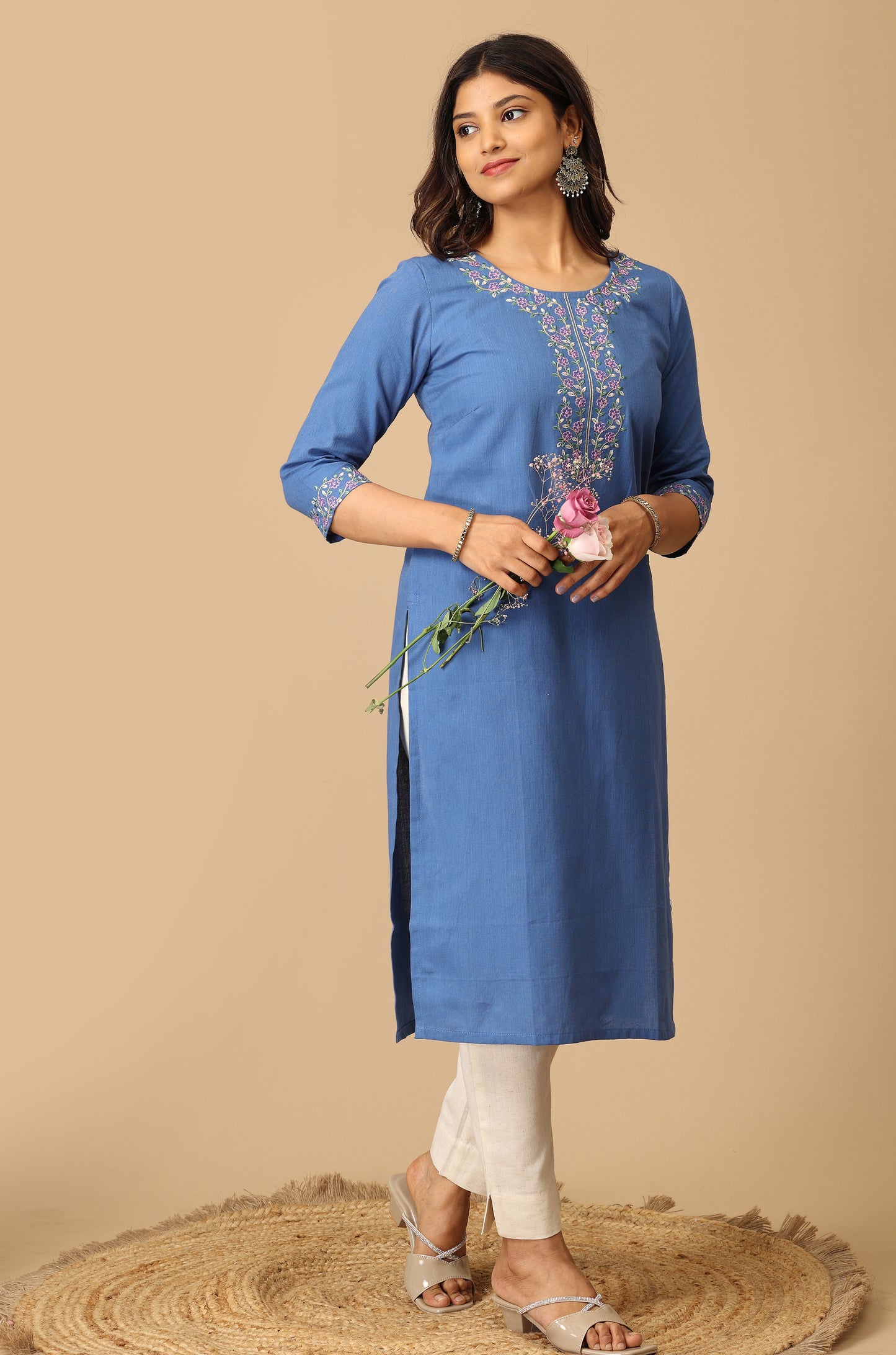 Blue Khadi Straight Embroidery Kurti