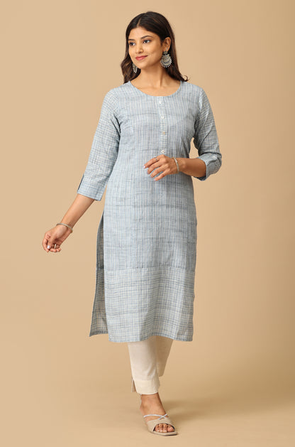 Blue Cotton Slub Patch Work Kurti