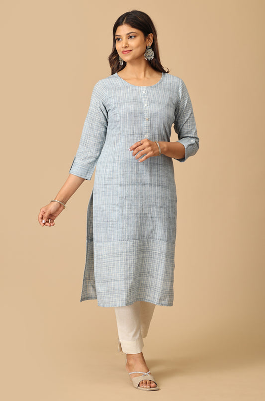 Blue Cotton Slub Patch Work Kurti