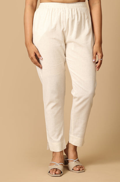 Off White Cotton Trouser Fit with Drawstring Cigarette Pant