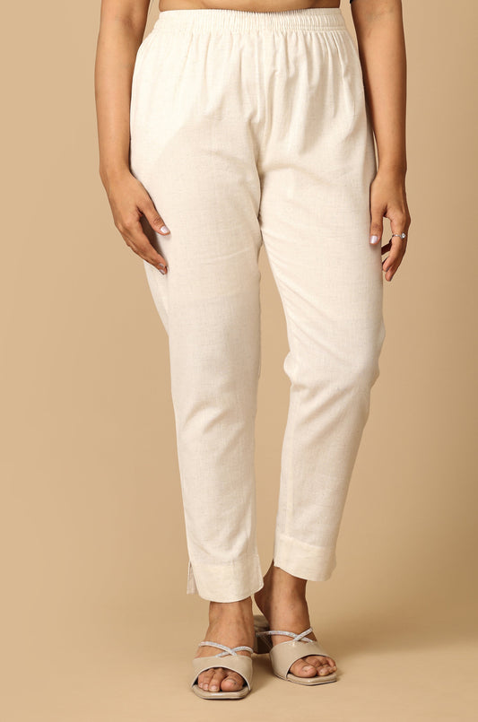 Off White Cotton Trouser Fit with Drawstring Cigarette Pant