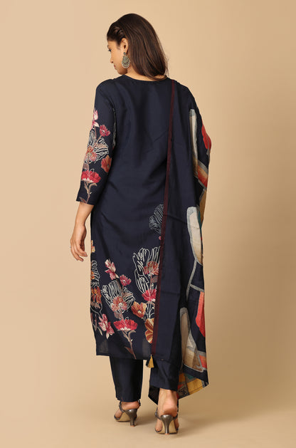 Navy Blue Maslin Printed with Handwork Kurti Set - 3Pcs