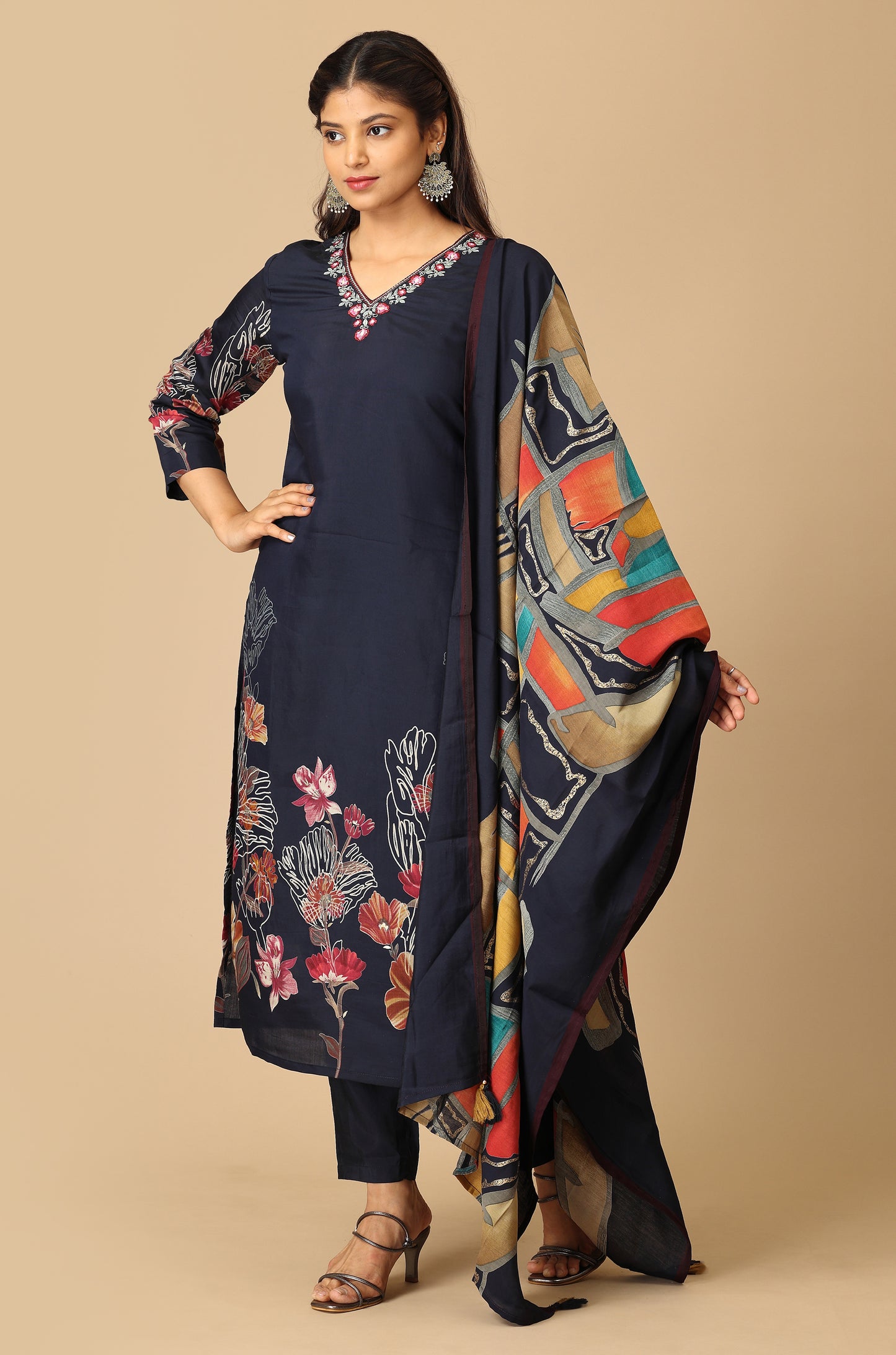 Navy Blue Maslin Printed with Handwork Kurti Set - 3Pcs