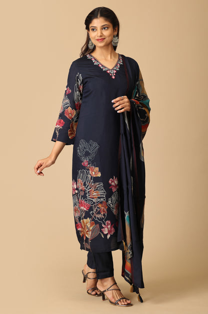 Navy Blue Maslin Printed with Handwork Kurti Set - 3Pcs