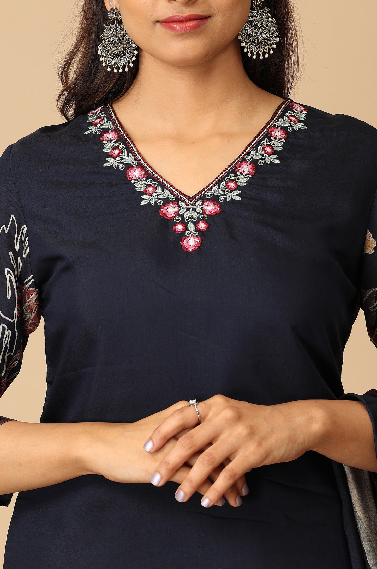 Navy Blue Maslin Printed with Handwork Kurti Set - 3Pcs