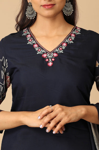 Navy Blue Maslin Printed with Handwork Kurti Set - 3Pcs