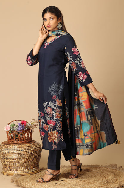 Navy Blue Maslin Printed with Handwork Kurti Set - 3Pcs