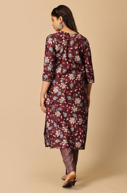 Wine Modal Printed with Embroidery Kurti Set-2Pcs