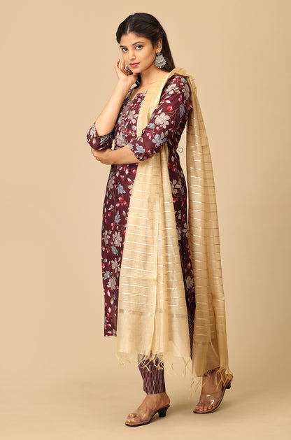 Wine Modal Printed with Embroidery Kurti Set-2Pcs
