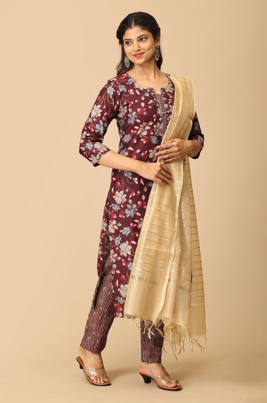 Wine Modal Printed with Embroidery Kurti Set-2Pcs