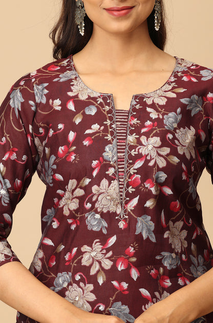 Wine Modal Printed with Embroidery Kurti Set-2Pcs