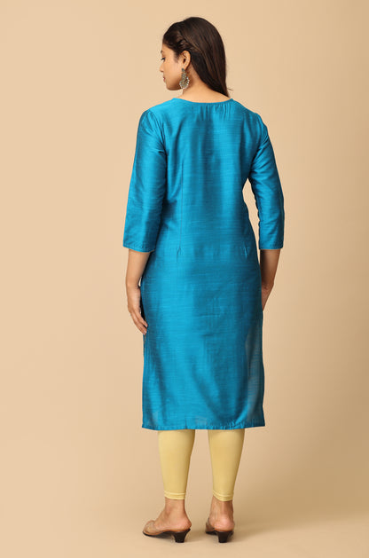 Sky Blue Gold Print Straight Kurta