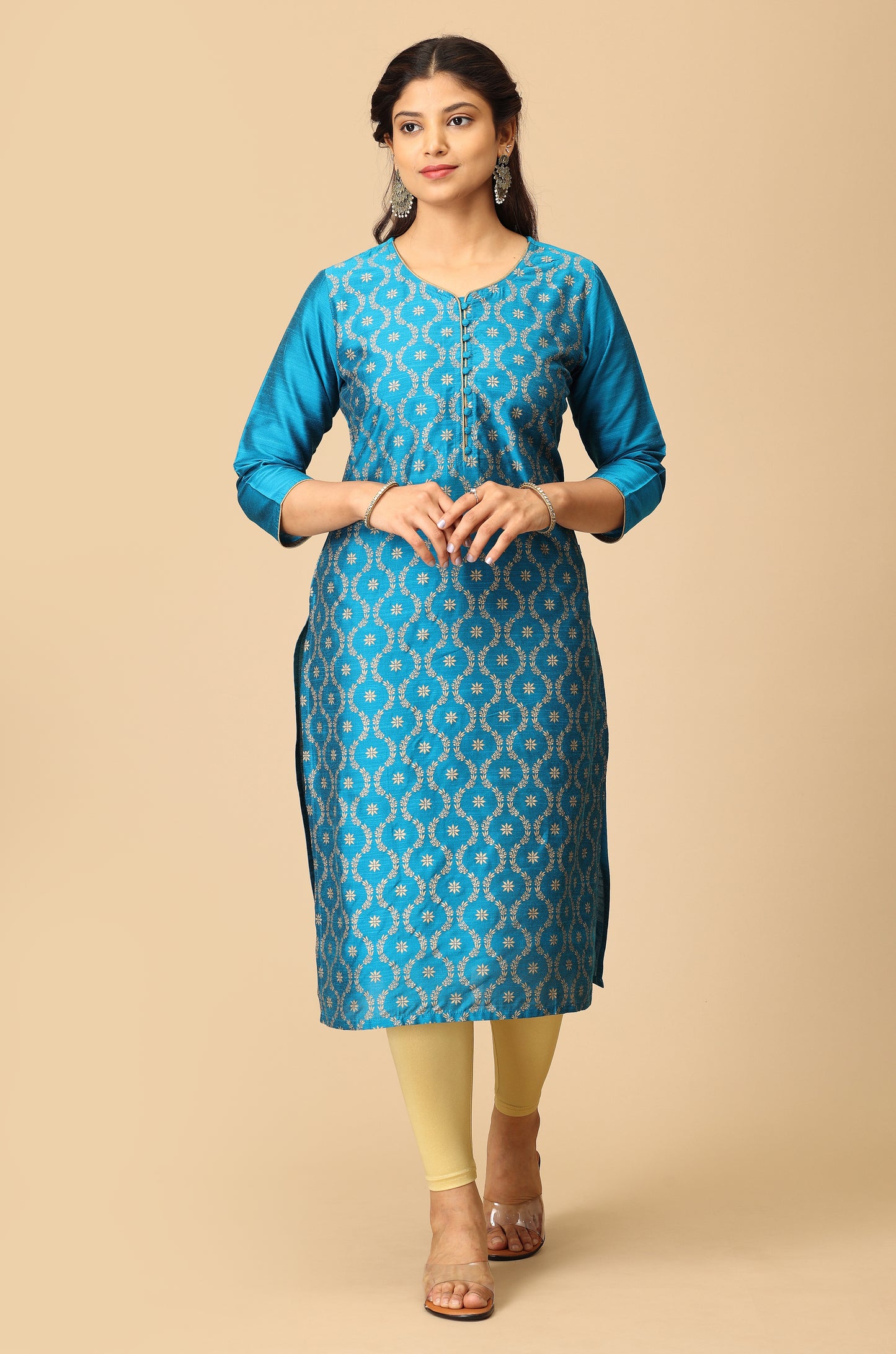 Sky Blue Gold Print Straight Kurta