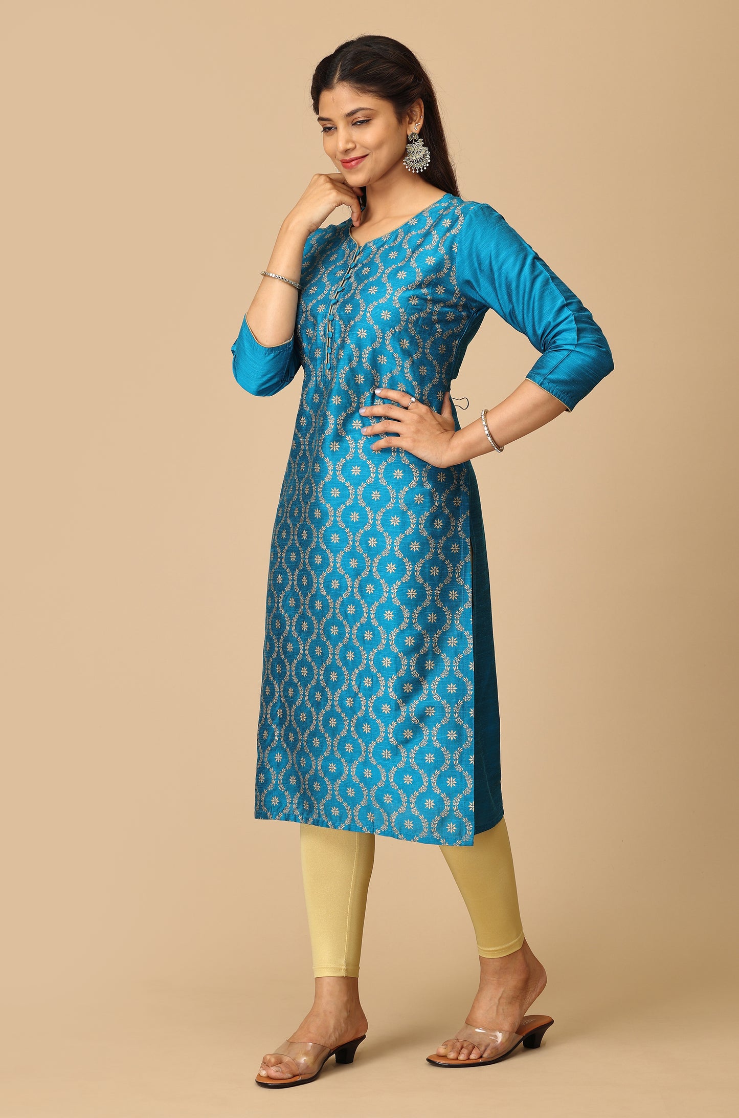 Sky Blue Gold Print Straight Kurta