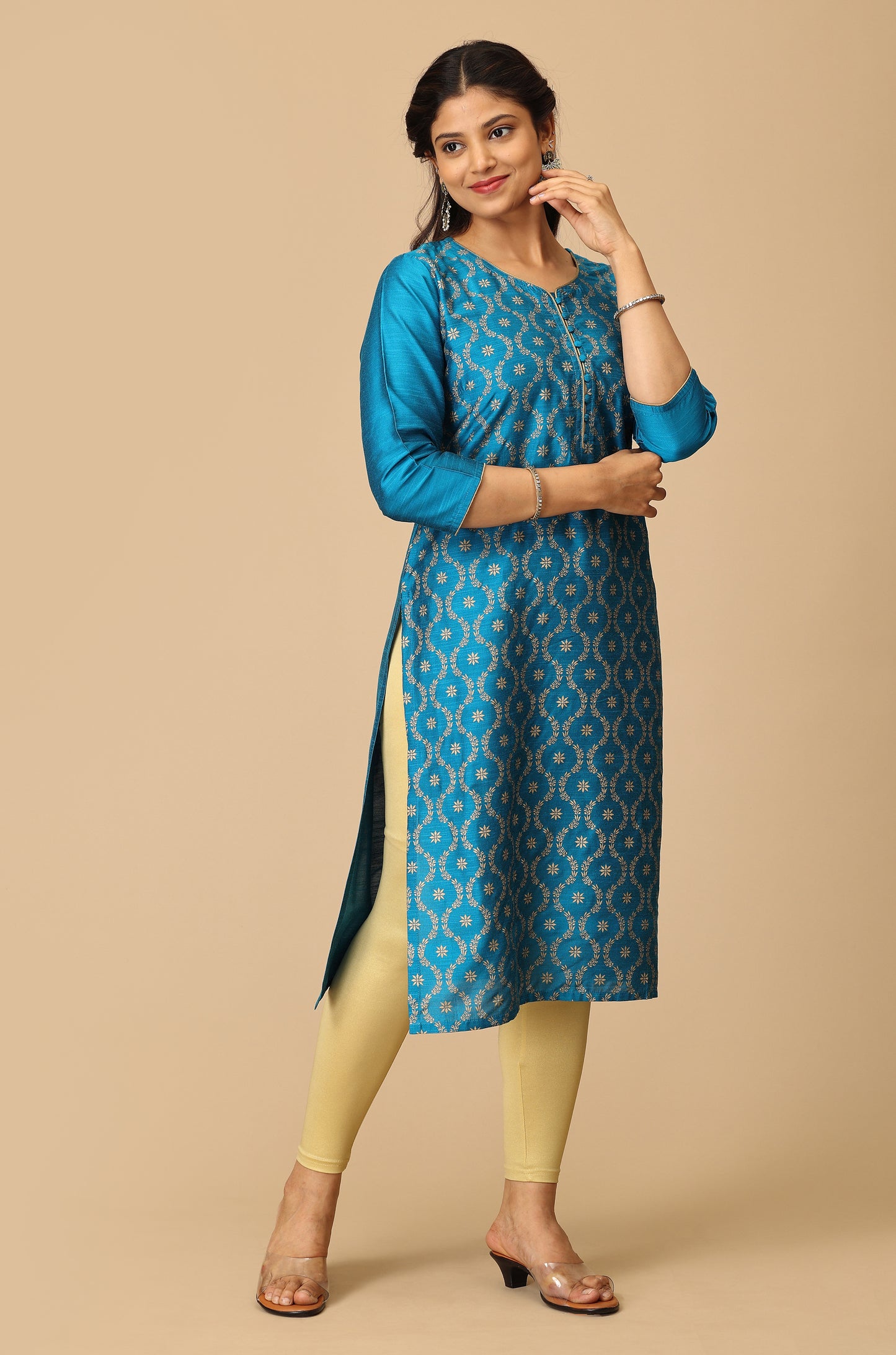Sky Blue Gold Print Straight Kurta
