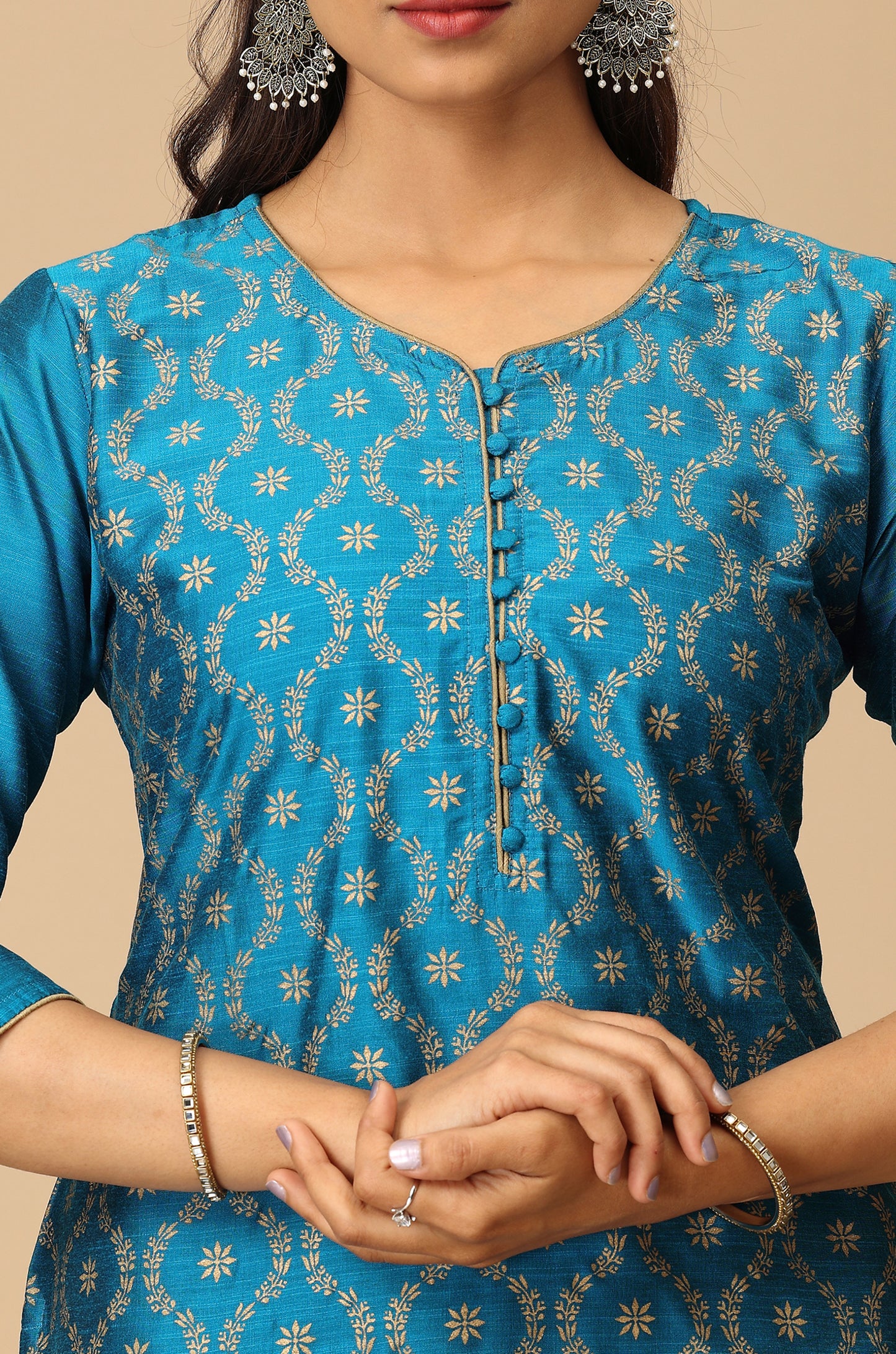 Sky Blue Gold Print Straight Kurta