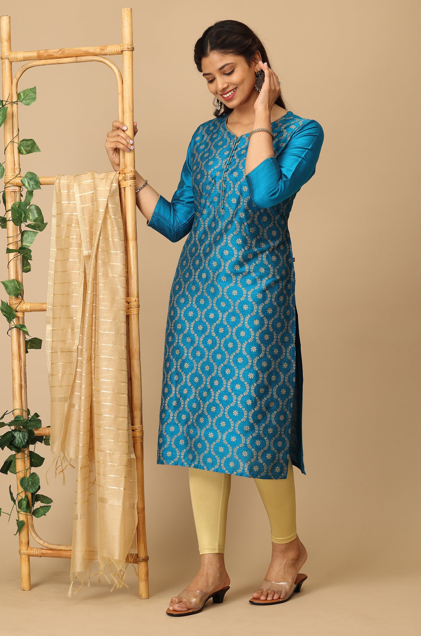 Sky Blue Gold Print Straight Kurta
