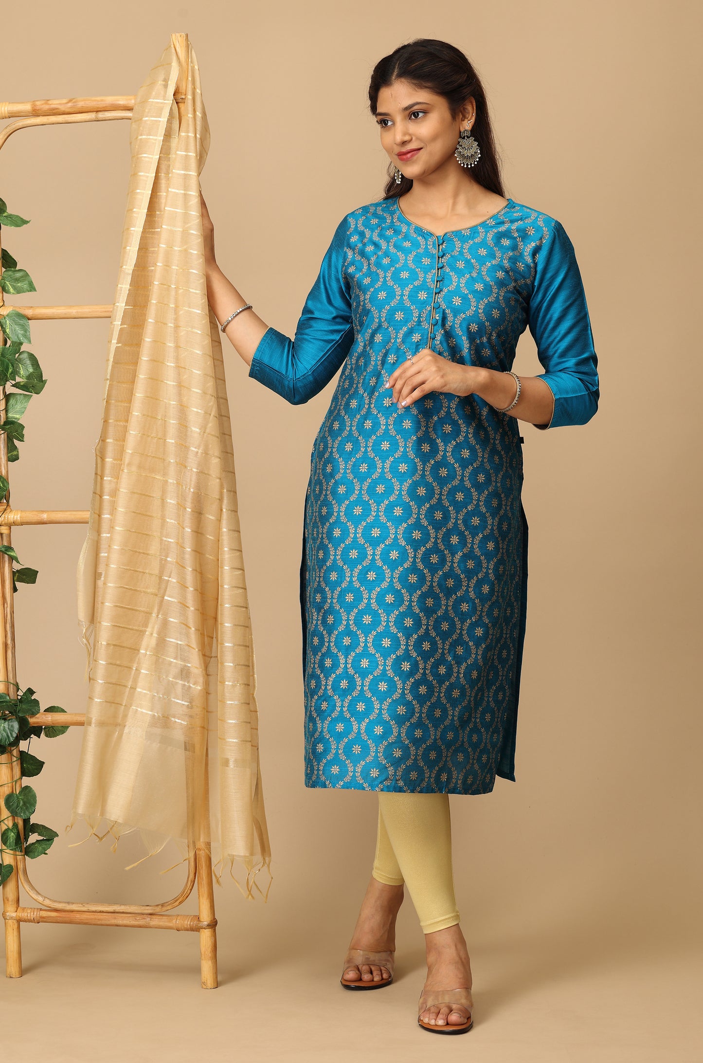 Sky Blue Gold Print Straight Kurta