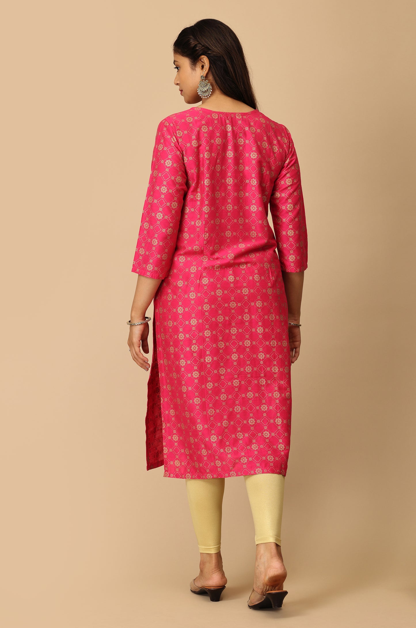 Bright Pink Gold Print with Zari Embroidery Kurti