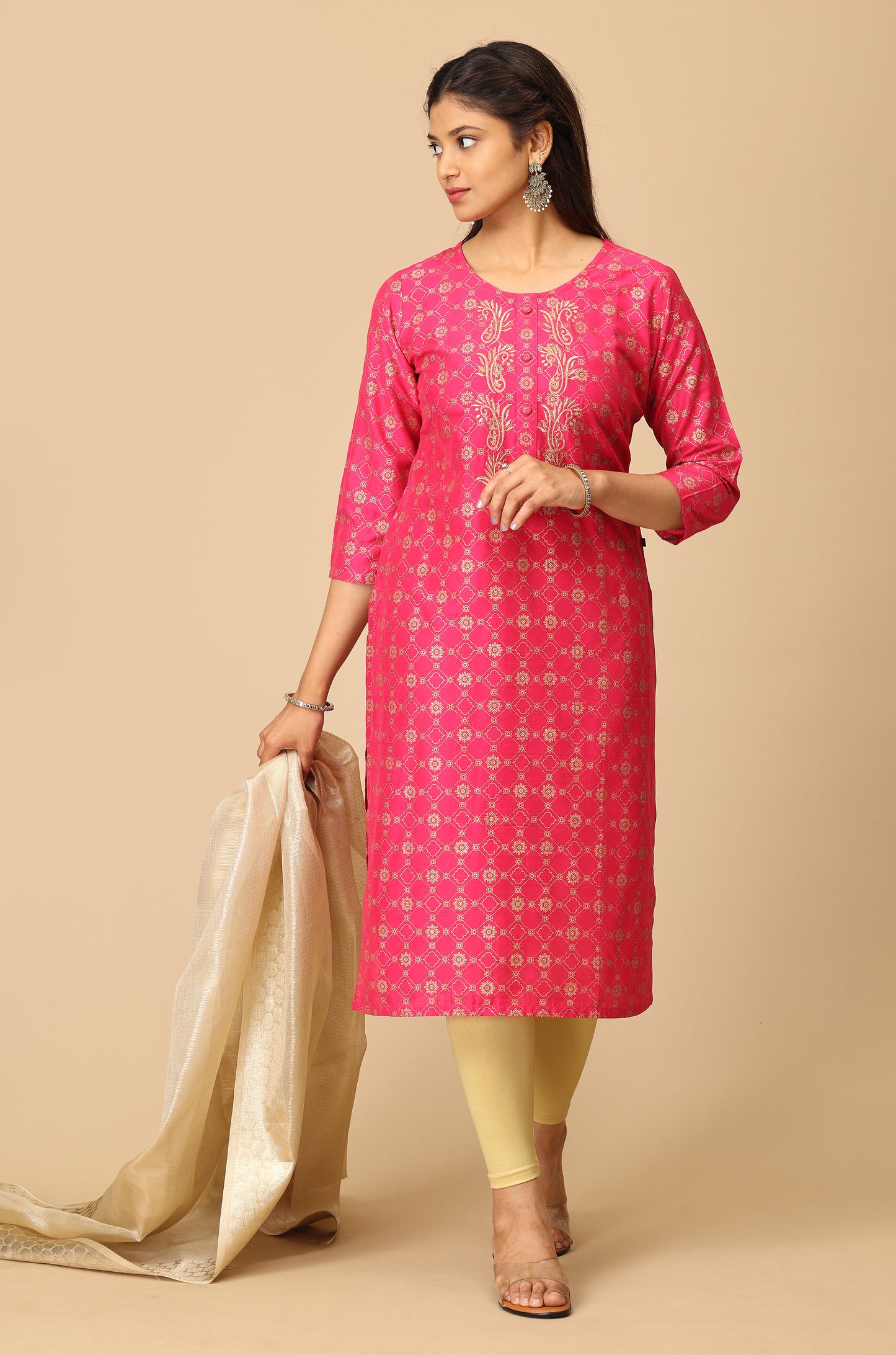 Bright Pink Gold Print with Zari Embroidery Kurti
