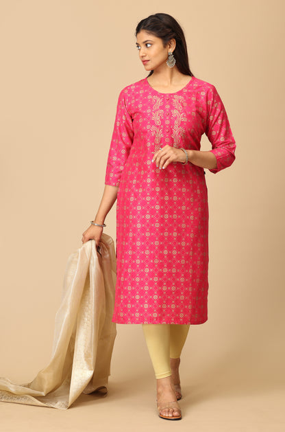 Bright Pink Gold Print with Zari Embroidery Kurti