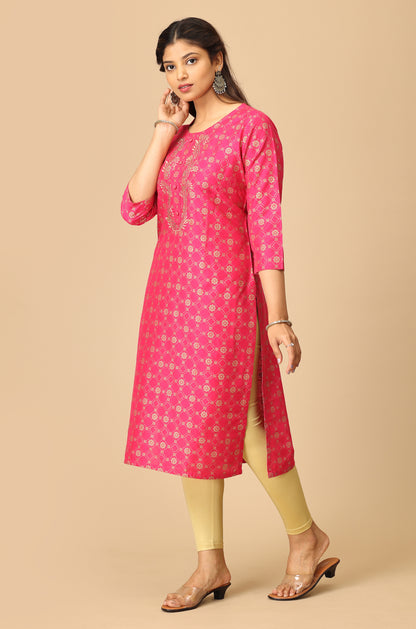 Bright Pink Gold Print with Zari Embroidery Kurti