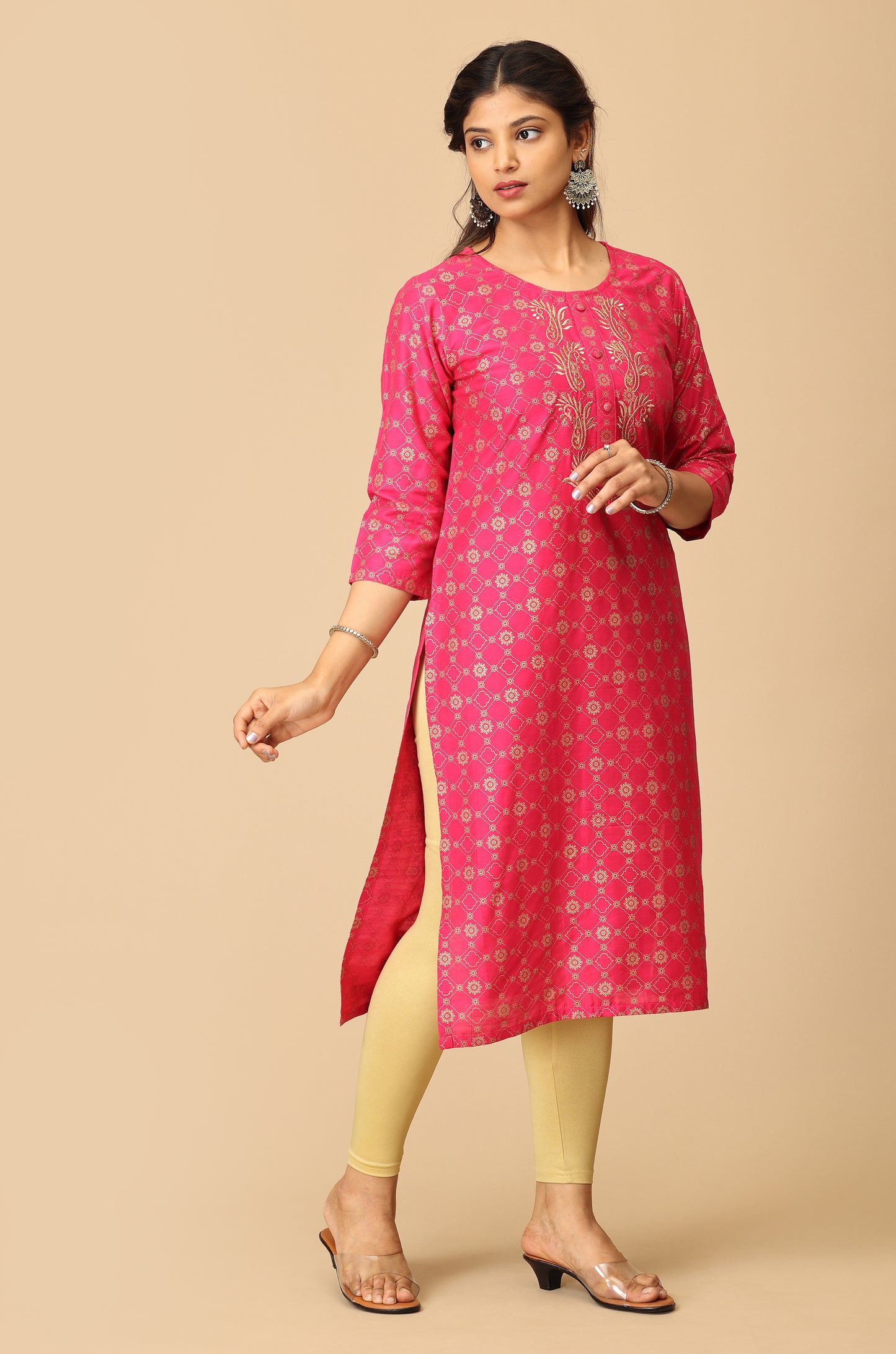 Bright Pink Gold Print with Zari Embroidery Kurti