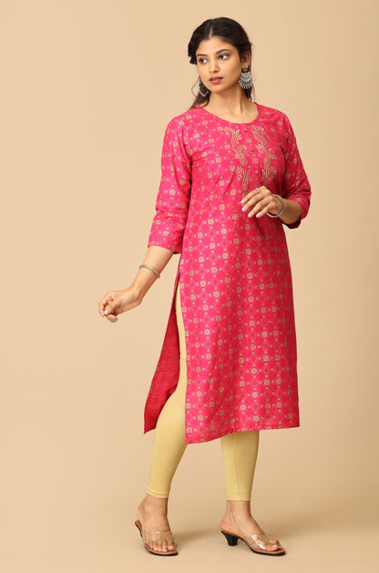 Bright Pink Gold Print with Zari Embroidery Kurti