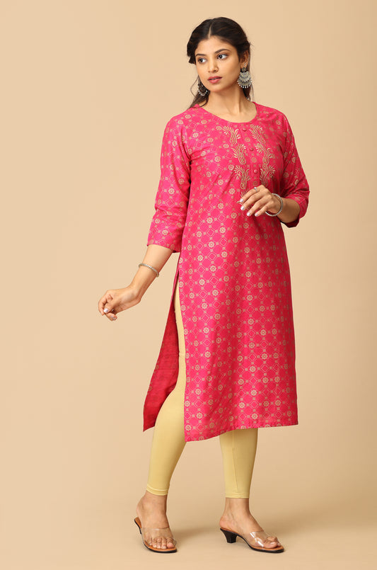 Bright Pink Gold Print with Zari Embroidery Kurti