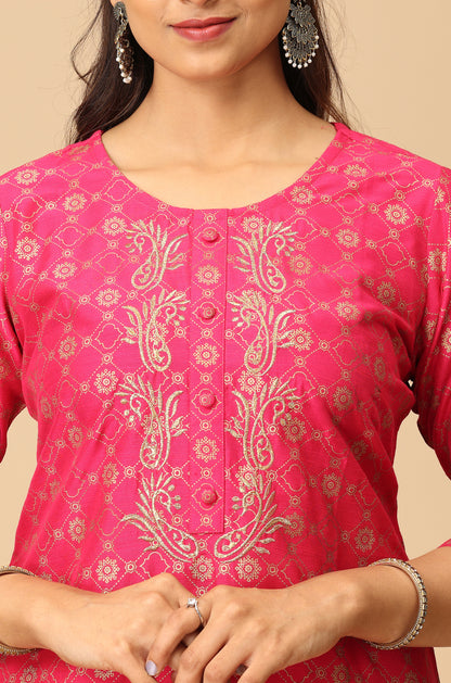 Bright Pink Gold Print with Zari Embroidery Kurti