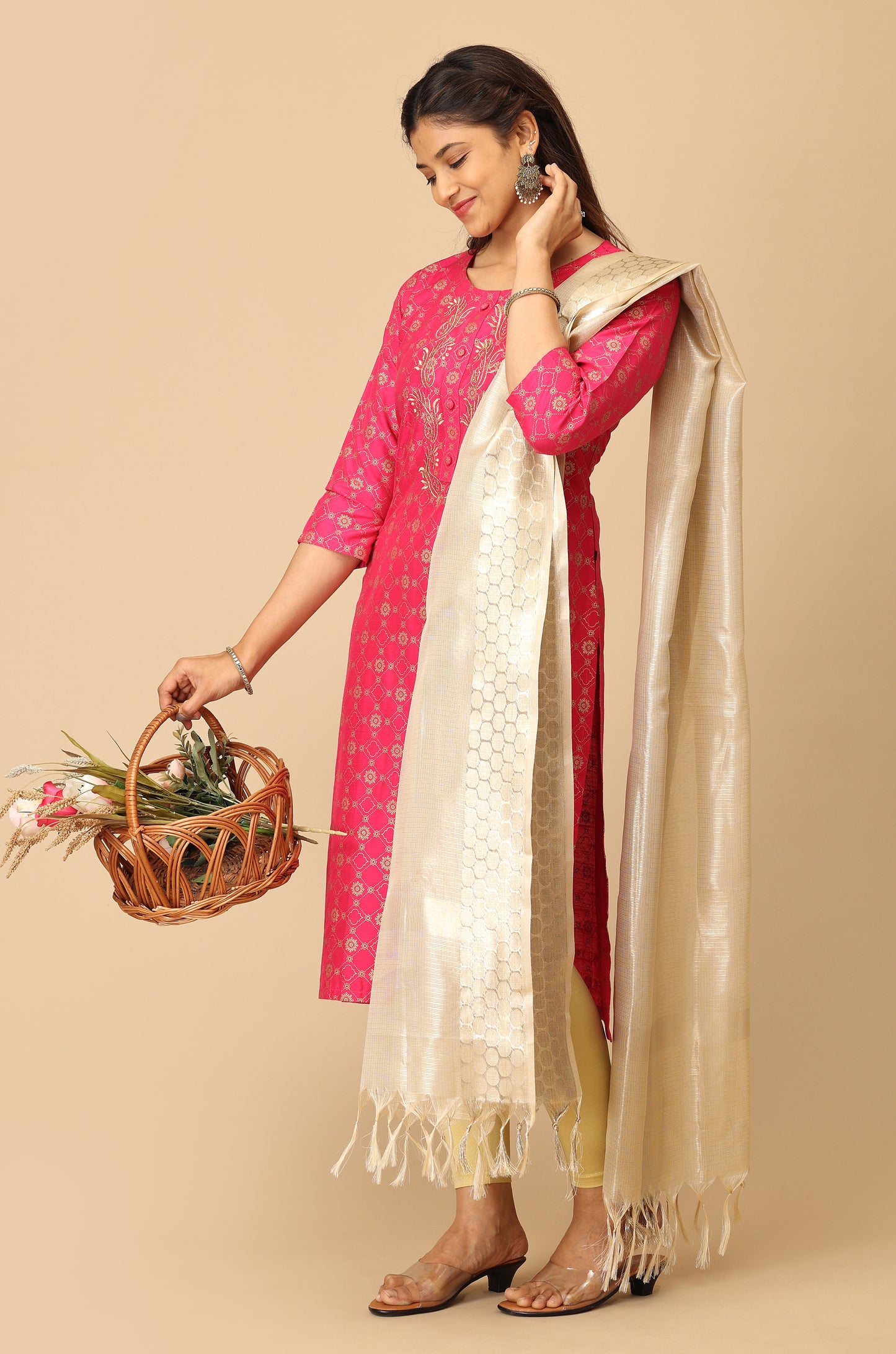 Bright Pink Gold Print with Zari Embroidery Kurti