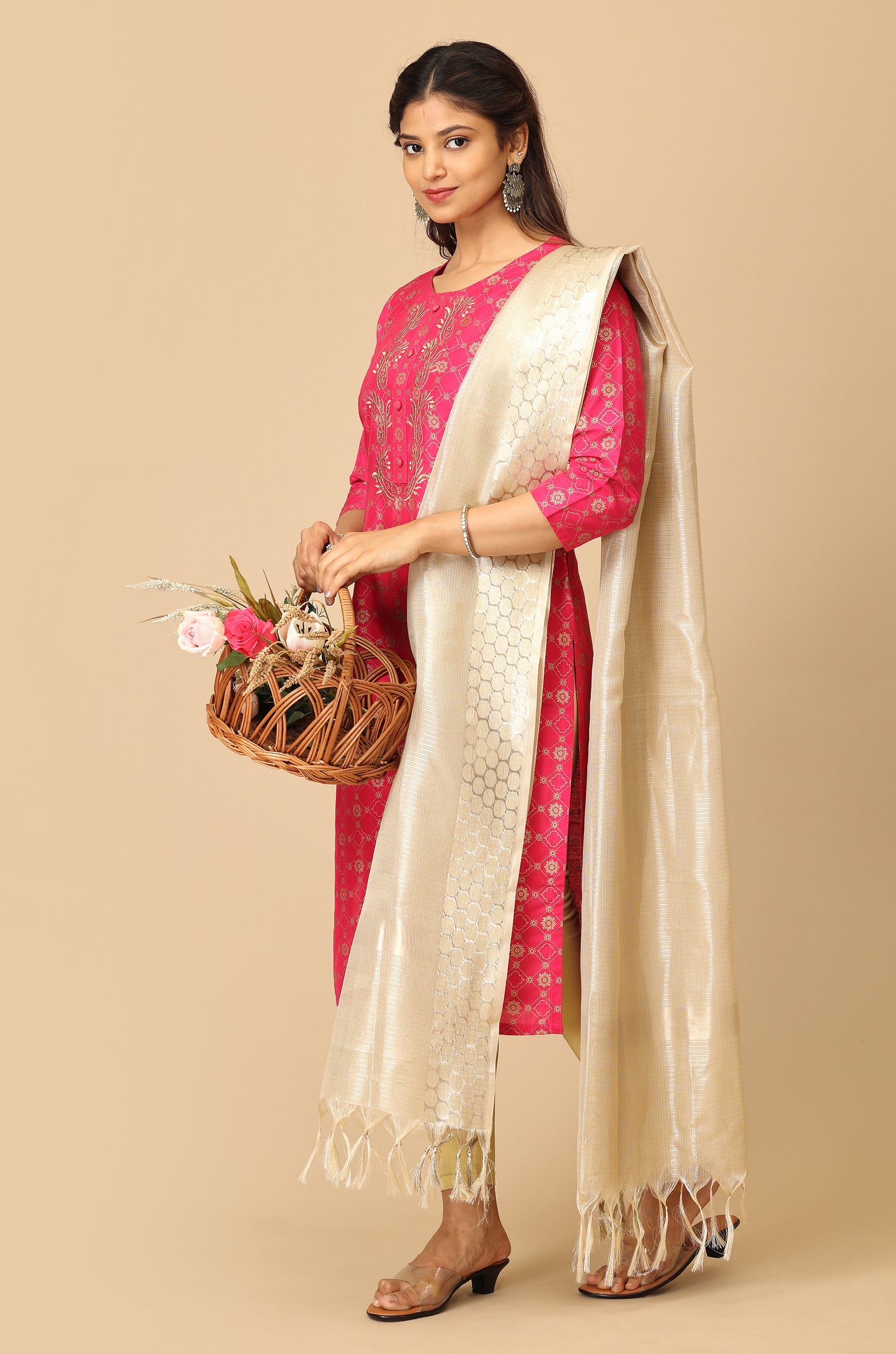 Bright Pink Gold Print with Zari Embroidery Kurti