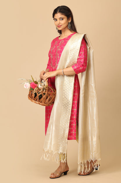 Bright Pink Gold Print with Zari Embroidery Kurti