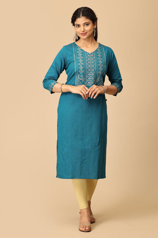 Peacock Blue Khadi Embroidery Kurti