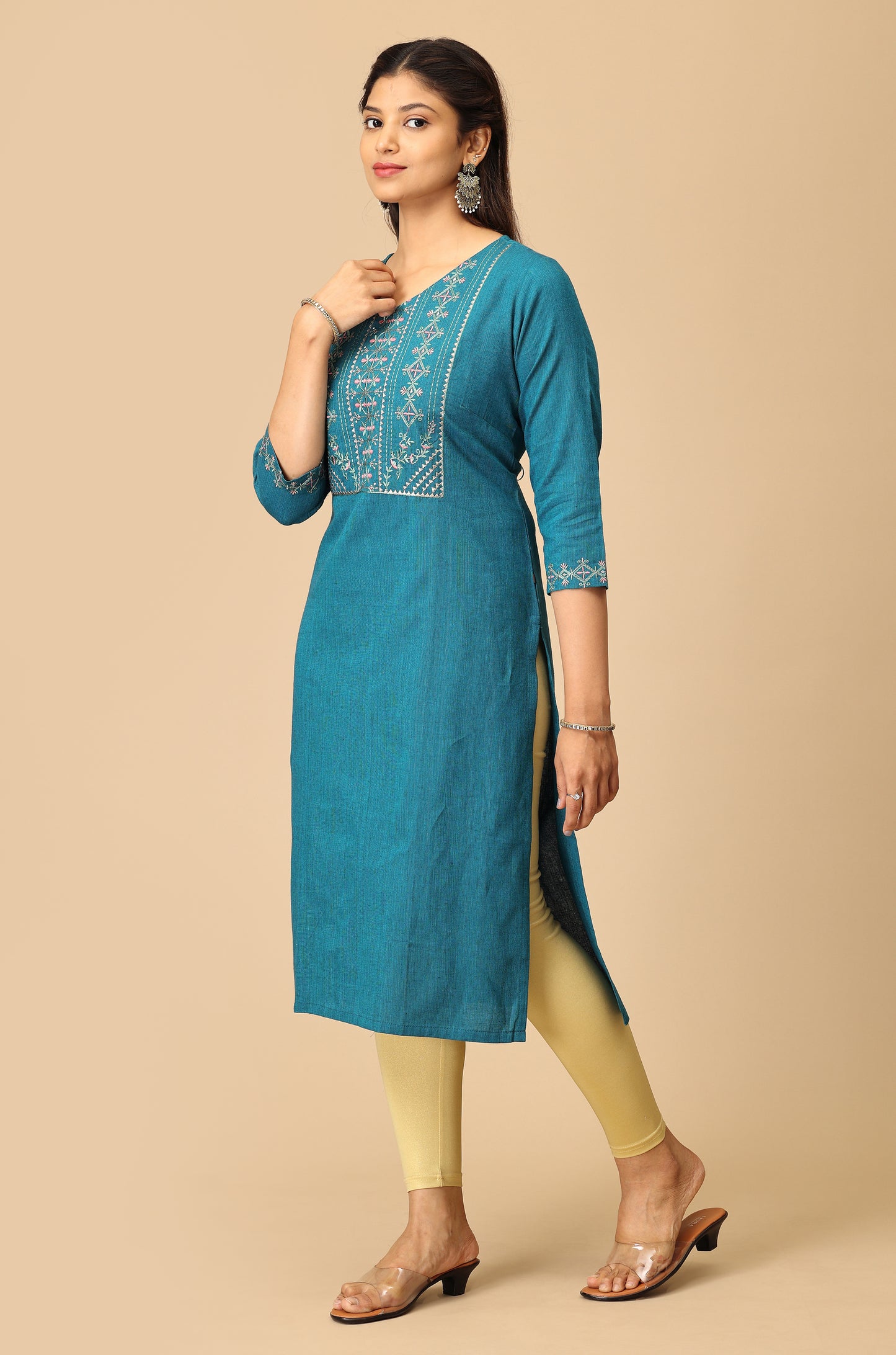 Peacock Blue Khadi Embroidery Kurti