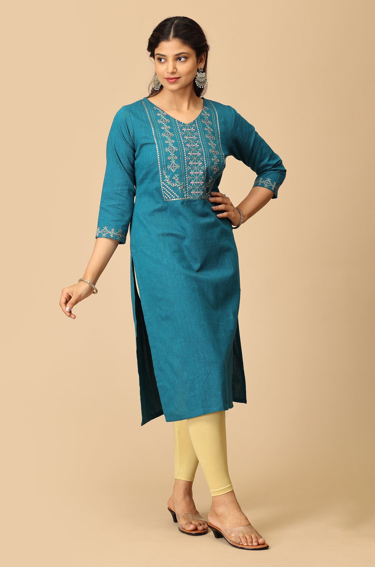 Peacock Blue Khadi Embroidery Kurti