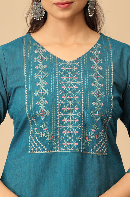 Peacock Blue Khadi Embroidery Kurti