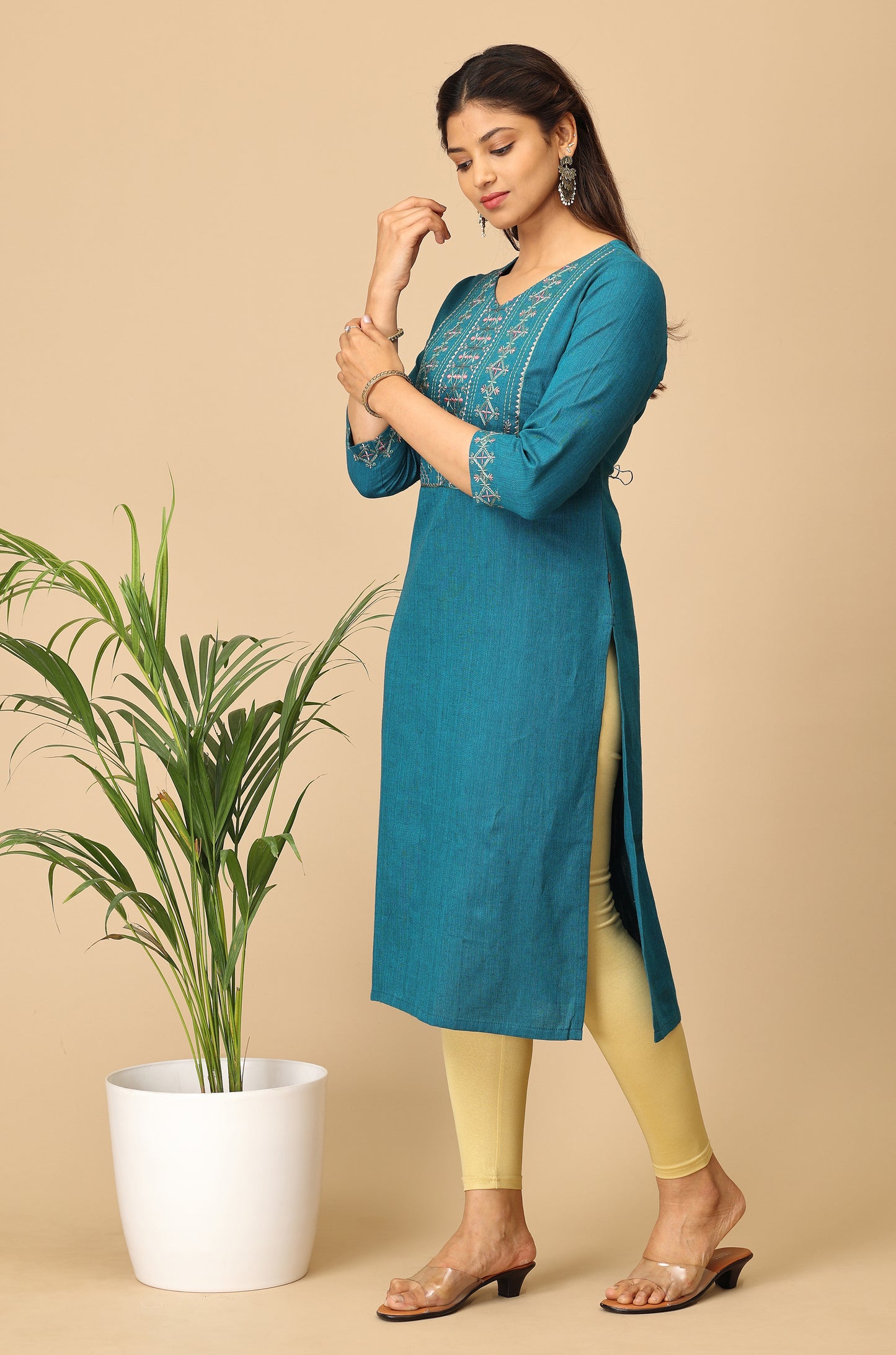 Peacock Blue Khadi Embroidery Kurti
