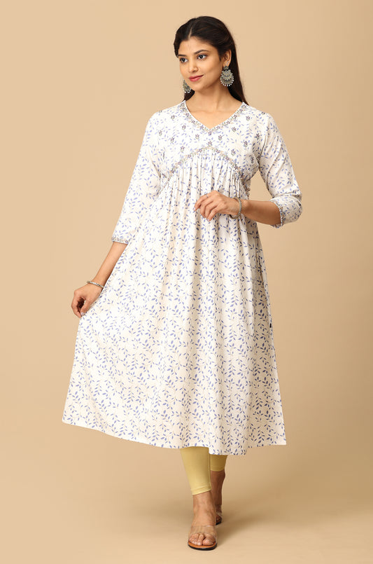 Off White Alia Cut Printed & Embroidery Kurti