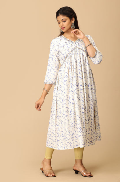 Off White Alia Cut Printed & Embroidery Kurti