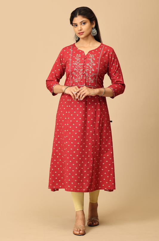 Maroon Rayon Slub Print with Embroidery Kurti