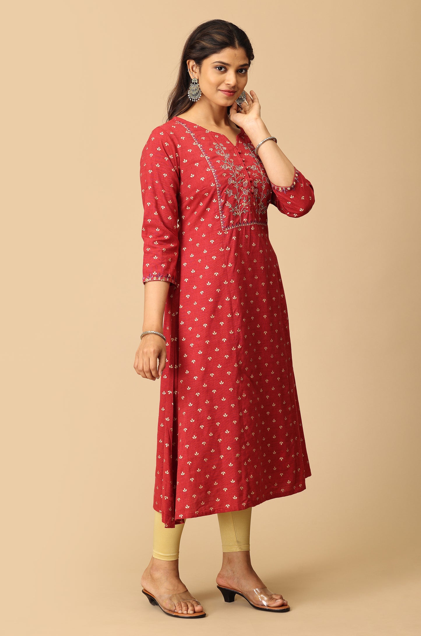 Maroon Rayon Slub Print with Embroidery Kurti