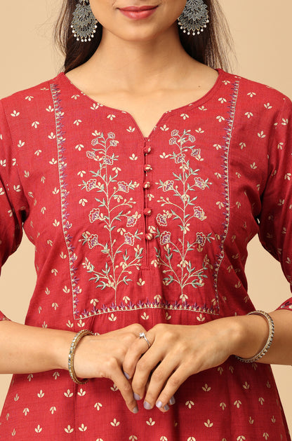 Maroon Rayon Slub Print with Embroidery Kurti