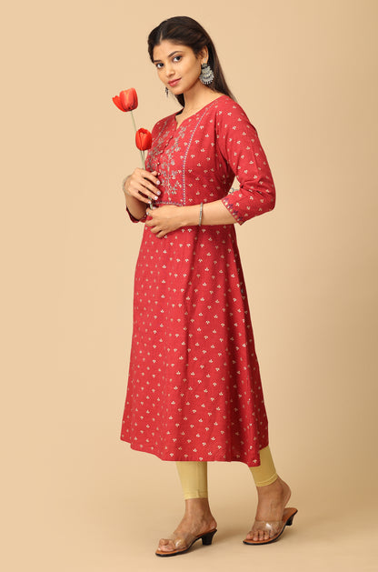 Maroon Rayon Slub Print with Embroidery Kurti
