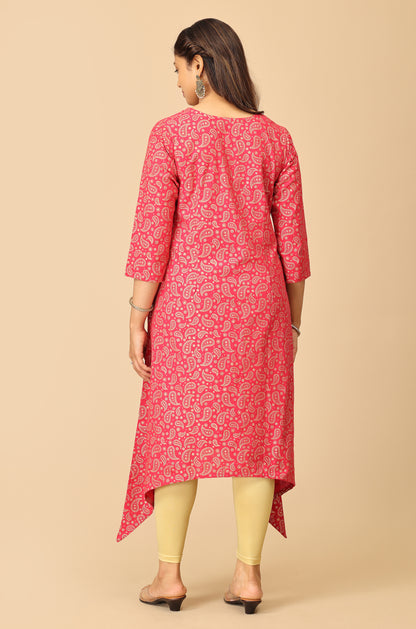 Bright Pink All Over Gold Print A Line Kurti