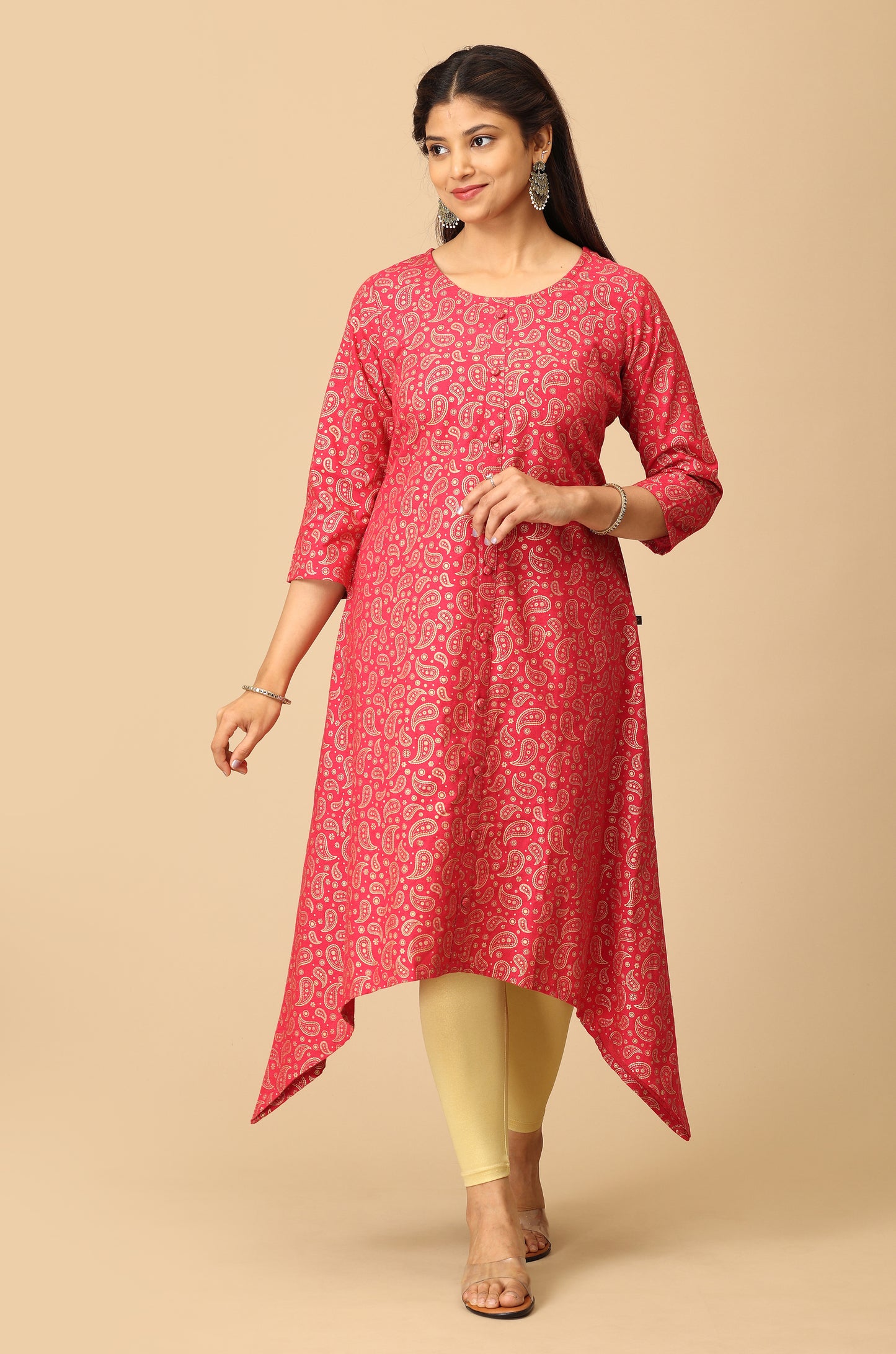 Bright Pink All Over Gold Print A Line Kurti