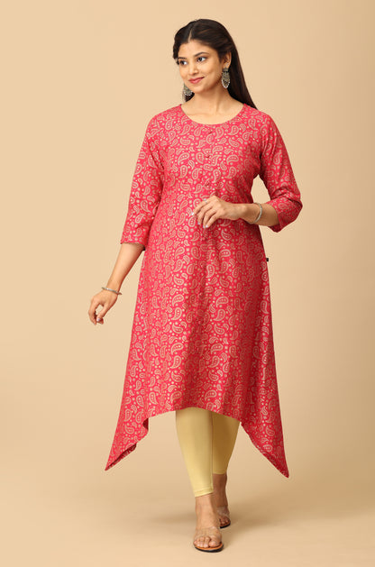Bright Pink All Over Gold Print A Line Kurti