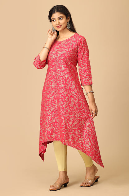 Bright Pink All Over Gold Print A Line Kurti
